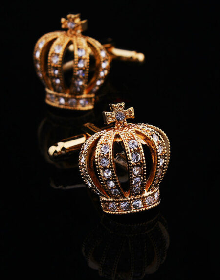 Mens Stainless Steel Gold Diamond Crowns Cufflinks for Shirt with Box - Hand Crafted Perfect Gift - Amedeo Exclusive