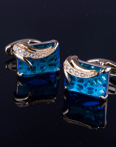 Mens Stainless Steel Gold + Light Blue Squares Cufflinks for Shirt with Box - Hand Crafted Perfect - Amedeo Exclusive