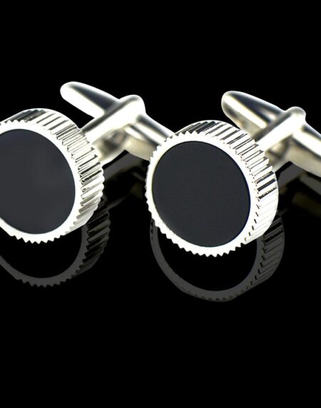 Men's Stainless Steel Black Silver Round Cufflinks with Box - Amedeo Exclusive
