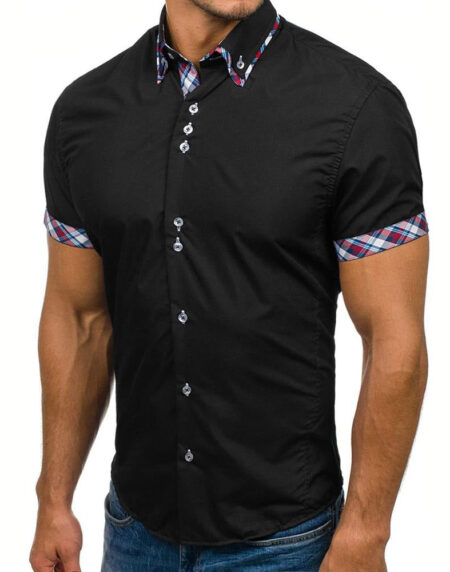 Men's Button down Tailor Fit Soft 100% Cotton Short Sleeve Dress Shirt Black with Colorful Check casual And Formal - Amedeo Exclusive