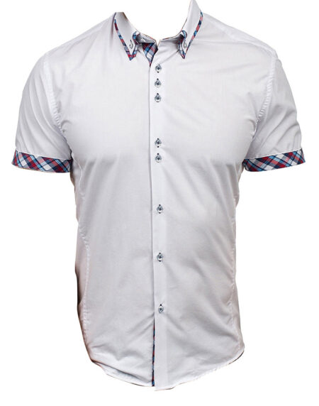 Men's Button down Tailor Fit Soft 100% Cotton Short Sleeve Dress Shirt  White with Colorful Checkcasual And Formal - Amedeo Exclusive