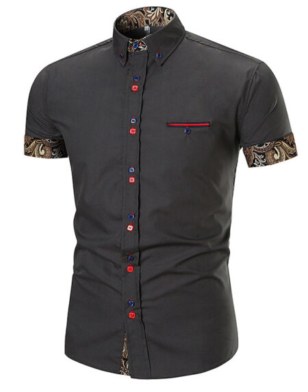 Men's Button down Tailor Fit Soft 100% Cotton Short Sleeve Dress Shirt Grey with Black Gold Paisley casual And Formal - Amedeo Exclusive