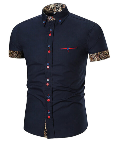 Men's Button down Tailor Fit Soft 100% Cotton Short Sleeve Dress Shirt Navy Blue with Black Gold Paisley casual And Formal - Amedeo Exclusive