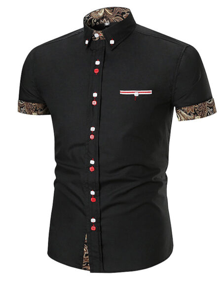 Men's Button down Tailor Fit Soft 100% Cotton Short Sleeve Dress Shirt Black with Black Gold Paisley check casual And Formal - Amedeo Exclusive