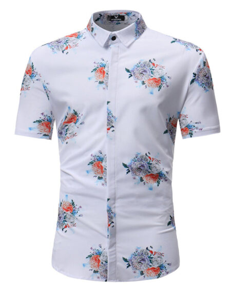Men's Button down Tailor Fit Soft 100% Cotton Short Sleeve Dress Shirt White with Colorful Floral check casual And Formal - Amedeo Exclusive