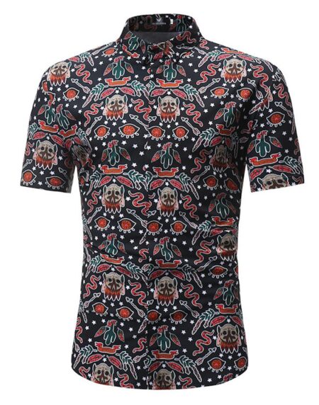 Tan with Black Multi Color Mens Short Sleeve Button up Shirts - Tailored Slim Fit Cotton Dress Shirts - Amedeo Exclusive