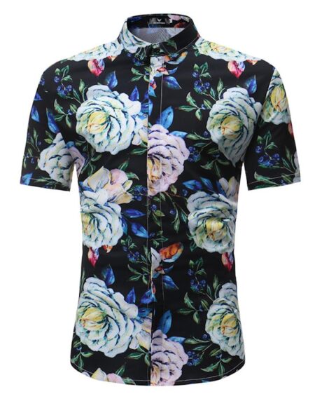 Black Floral check Mens Short Sleeve Button up Shirts - Tailored Slim Fit Cotton Dress Shirts - Amedeo Exclusive