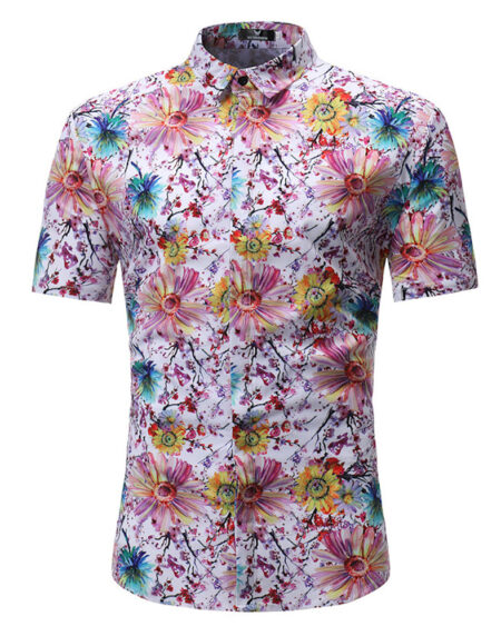 Men's Button down Tailor Fit Soft 100% Cotton Short Sleeve Dress Shirt White Floral check casual And Formal - Amedeo Exclusive