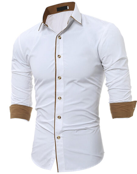 Men's Button down Tailor Fit Soft 100% Cotton Short Sleeve Dress Shirt Solid White with Beige casual And Formal - Amedeo Exclusive