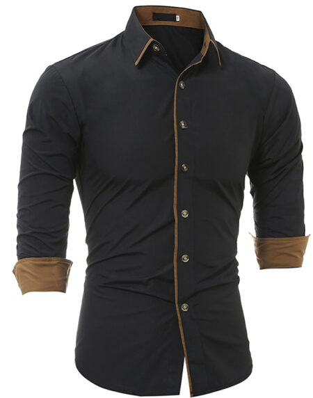 Men's Button down Tailor Fit Soft 100% Cotton Short Sleeve Dress Shirt Black with Beige casual And Formal - Amedeo Exclusive