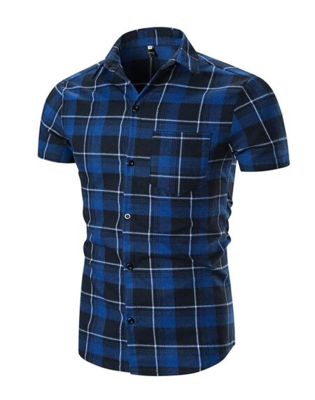 Blue Black Check Mens Short Sleeve Button up Shirts - Tailored Slim Fit Cotton Dress Shirts - Amedeo Exclusive