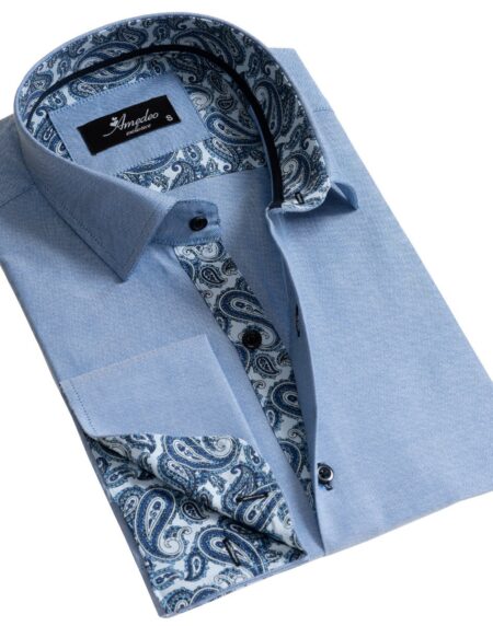 Blue Men's Slim Fit French Cuff Dress Shirts with Cufflink Holes - Casual and Formal - Amedeo Exclusive