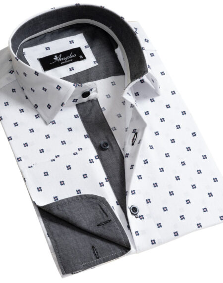 White With Black Dots Men's Slim Fit French Cuff Dress Shirts with Cufflink Holes - Casual and Formal - Amedeo Exclusive