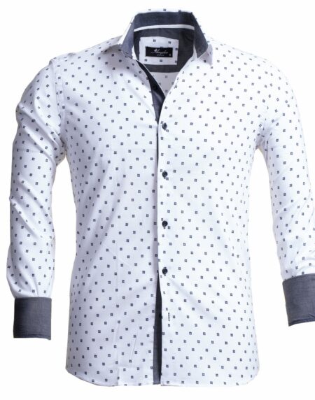 White With Black Dots Men's Slim Fit French Cuff Dress Shirts with Cufflink Holes - Casual and Formal - Amedeo Exclusive