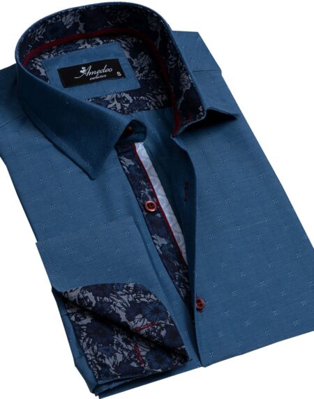 Textured Blue Men's Reversible Dress Shirt, Button Down Slim Fit with French Cuff Casual and Formal - Amedeo Exclusive