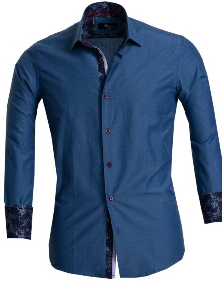 Textured Blue Men's Reversible Dress Shirt, Button Down Slim Fit with French Cuff Casual and Formal - Amedeo Exclusive