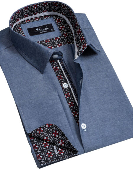 Denim Blue Mens Slim Fit French Cuff Dress Shirts with Cufflink Holes - Casual and Formal - Amedeo Exclusive
