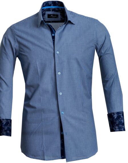 Blue Checkered Mens Slim Fit French Cuff Dress Shirts with Cufflink Holes - Casual and Formal - Amedeo Exclusive