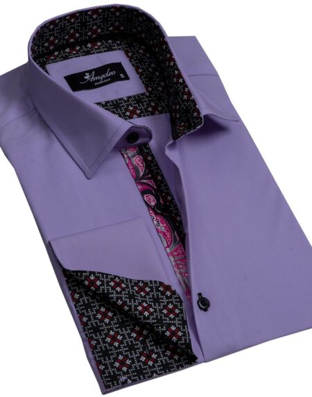 Solid Purple Mens Slim Fit French Cuff Dress Shirts with Cufflink Holes - Casual and Formal - Amedeo Exclusive