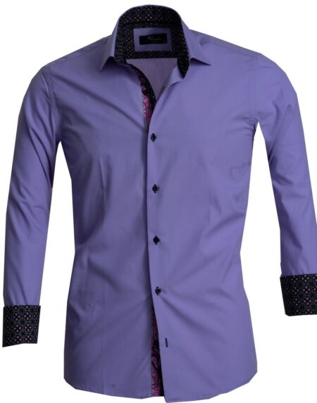Solid Purple Mens Slim Fit French Cuff Dress Shirts with Cufflink Holes - Casual and Formal - Amedeo Exclusive