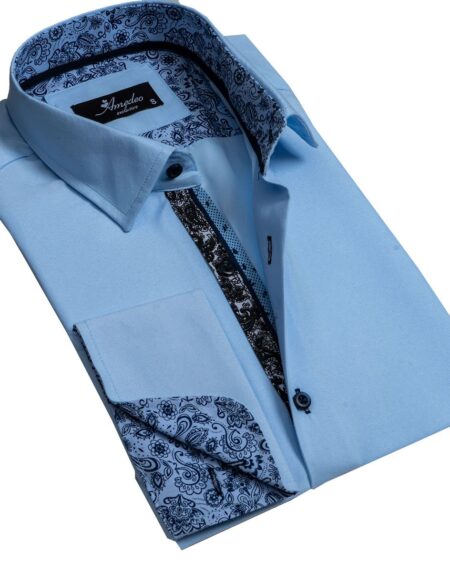 Solid Light Blue Mens Slim Fit French Cuff Dress Shirts with Cufflink Holes - Casual and Formal - Amedeo Exclusive