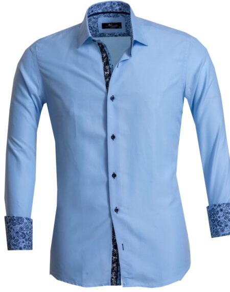 Solid Light Blue Mens Slim Fit French Cuff Dress Shirts with Cufflink Holes - Casual and Formal - Amedeo Exclusive