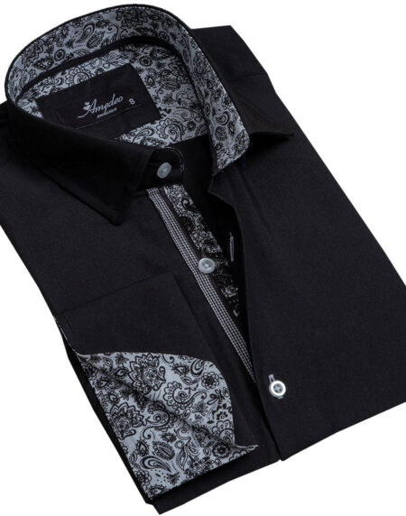 Solid Black Mens Slim Fit French Cuff Dress Shirts with Cufflink Holes - Casual and Formal - Amedeo Exclusive