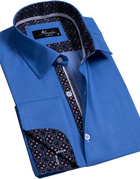 Solid Medium Blue Mens Slim Fit French Cuff Dress Shirts with Cufflink Holes - Casual and Formal - Amedeo Exclusive