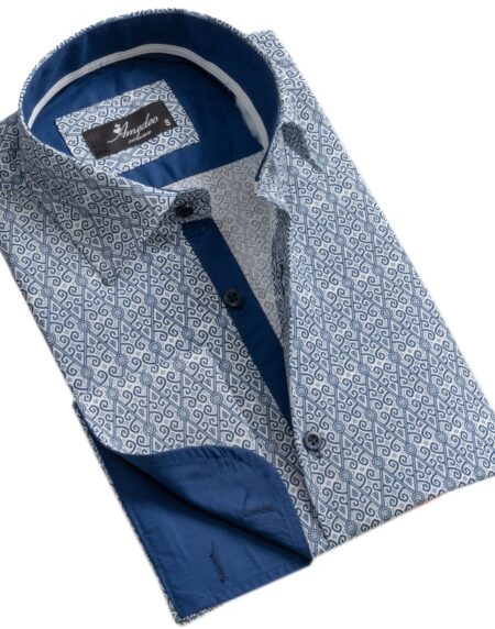 White And Blue Design Men's French Cuff Dress Shirt Button Down Slim Fit Casual And Formal - Amedeo Exclusive