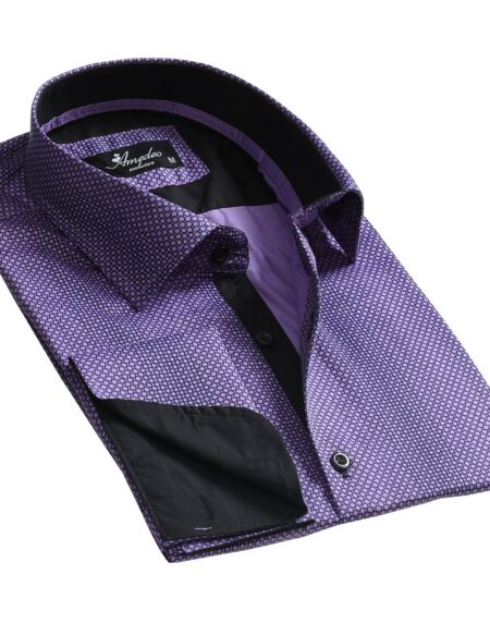 Purple Design Mens Slim Fit French Cuff Dress Shirts with Cufflink Holes - Casual and Formal - Amedeo Exclusive