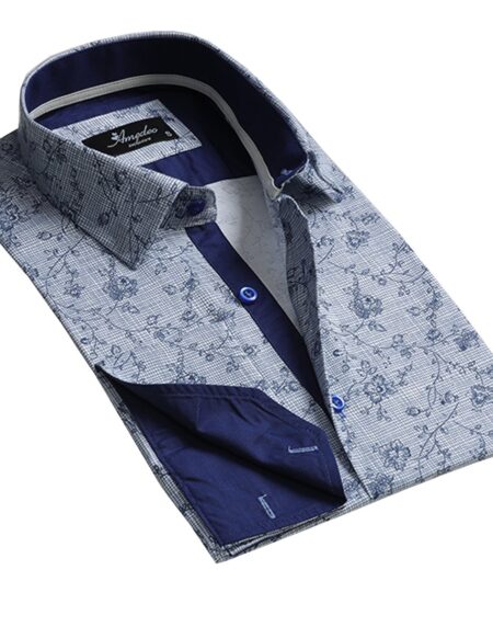 Blue and White Mens Slim Fit French Cuff Dress Shirts with Cufflink Holes - Casual and Formal - Amedeo Exclusive