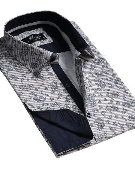 Light Grey Floral Mens Slim Fit French Cuff Dress Shirts with Cufflink Holes - Casual and Formal - Amedeo Exclusive
