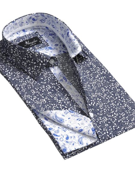 Grey Blue Floral Mens Slim Fit French Cuff Dress Shirts with Cufflink Holes - Casual and Formal - Amedeo Exclusive
