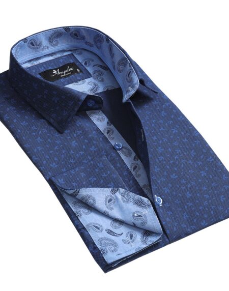 Blue Floral Mens Slim Fit French Cuff Dress Shirts with Cufflink Holes - Casual and Formal - Amedeo Exclusive