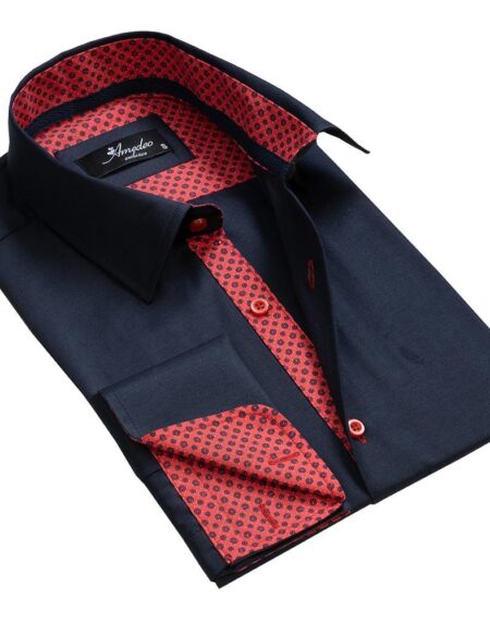 Navy Blue Red Mens Slim Fit Designer Dress Shirt - tailored Cotton Shirts for Work and Casual Wear - Amedeo Exclusive
