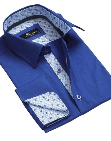 Blue Mens Slim Fit French Cuff Dress Shirts with Cufflink Holes - Casual and Formal - Amedeo Exclusive