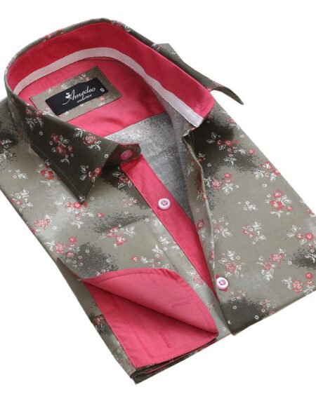 Gold Floral Sheen Mens Slim Fit French Cuff Dress Shirts with Cufflink Holes - Casual and Formal - Amedeo Exclusive