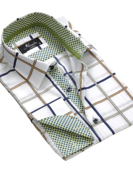 White Blue Green Check Mens Slim Fit Designer Dress Shirt - tailored Cotton Shirts for Work and Casual Wear - Amedeo Exclusive