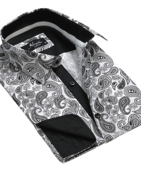 White Black Paisley Mens Slim Fit Designer Dress Shirt - tailored Cotton Shirts for Work and Casual Wear - Amedeo Exclusive