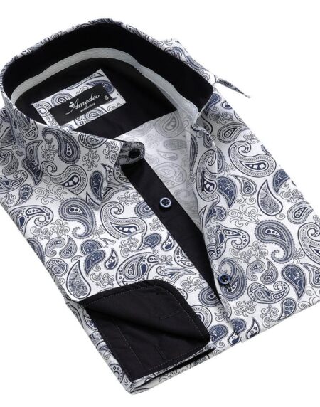 White Blue Paisley Mens Slim Fit Designer Dress Shirt - tailored Cotton Shirts for Work and Casual Wear - Amedeo Exclusive