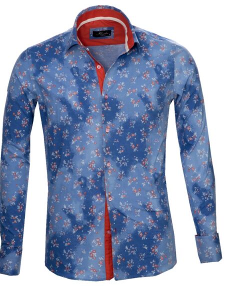 Blue Floral Mens Slim Fit French Cuff Dress Shirts with Cufflink Holes - Casual and Formal - Amedeo Exclusive