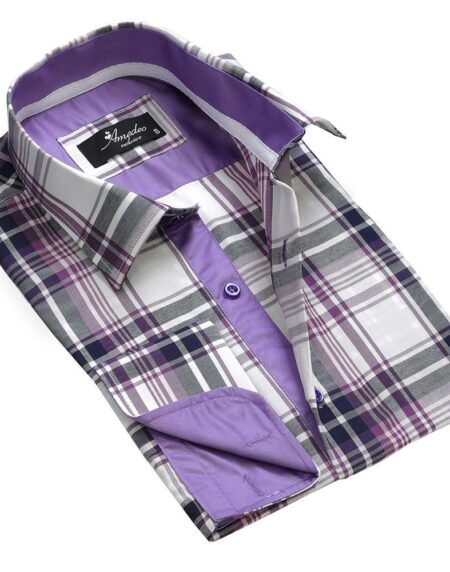 White Purple Check Mens Slim Fit French Cuff Dress Shirts with Cufflink Holes - Casual and Formal - Amedeo Exclusive