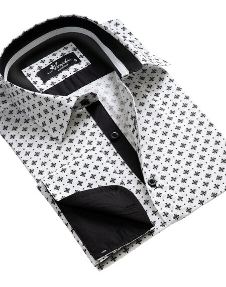 White with Black Pattern Mens Slim Fit French Cuff Dress Shirts with Cufflink Holes - Casual and Formal - Amedeo Exclusive