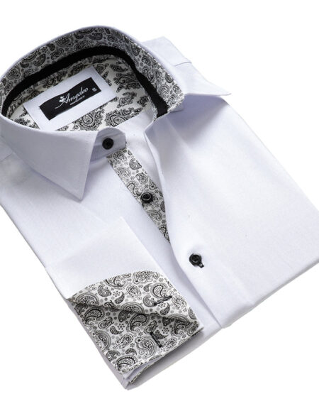 White with Black Paisley Mens Slim Fit French Cuff Dress Shirts with Cufflink Holes - Casual and Formal - Amedeo Exclusive