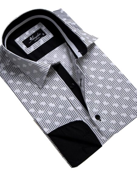 Black & White Mens Slim Fit French Cuff Dress Shirts with Cufflink Holes - Casual and Formal - Amedeo Exclusive