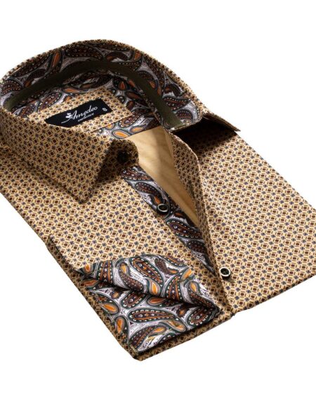 Brownish Gold Paisley Mens Slim Fit French Cuff Dress Shirts with Cufflink Holes - Casual and Formal - Amedeo Exclusive