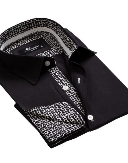 Black Mens Slim Fit French Cuff Dress Shirts with Cufflink Holes - Casual and Formal - Amedeo Exclusive