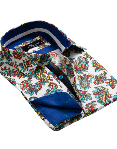 Colorful Paisley on White Mens Slim Fit French Cuff Dress Shirts with Cufflink Holes - Casual and Formal - Amedeo Exclusive