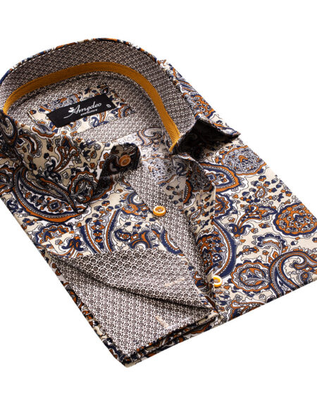 Fun Paisley on Tan Mens Slim Fit French Cuff Dress Shirts with Cufflink Holes - Casual and Formal - Amedeo Exclusive