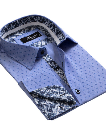 Denim Blue Mens Slim Fit French Cuff Dress Shirts with Cufflink Holes - Casual and Formal - Amedeo Exclusive